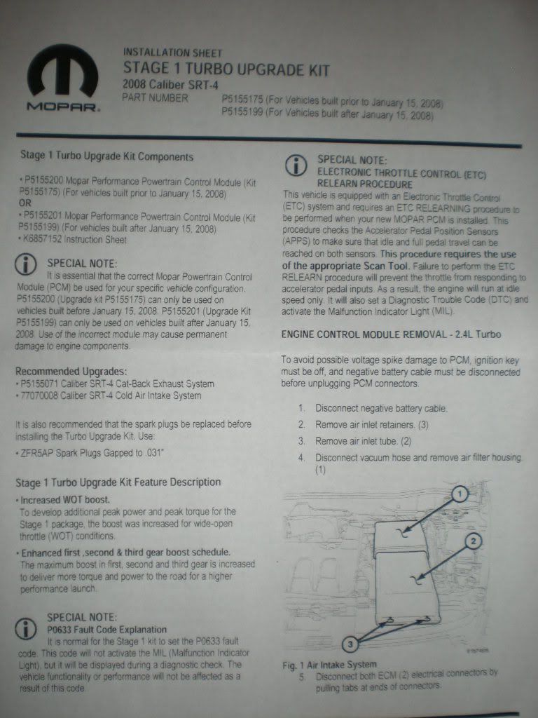 MOPAR stage 1 installation instructions and specs Dodge Caliber Forums