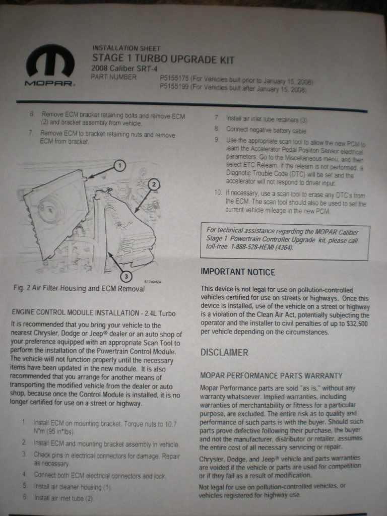 MOPAR stage 1 installation instructions and specs Dodge Caliber Forums