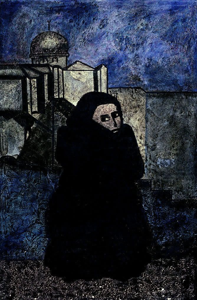 Mounira Nusseibeh. (Palestine, 1943). Kneeling in Front of the Mosque. (1983). Mixed media on canvas. (151 X 100 cm)