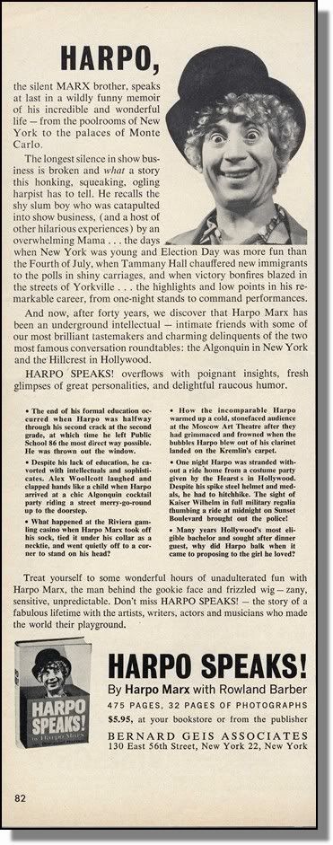 1961 Harpo Marx Photo - Harpo Speaks Book Promo-Ad | eBay