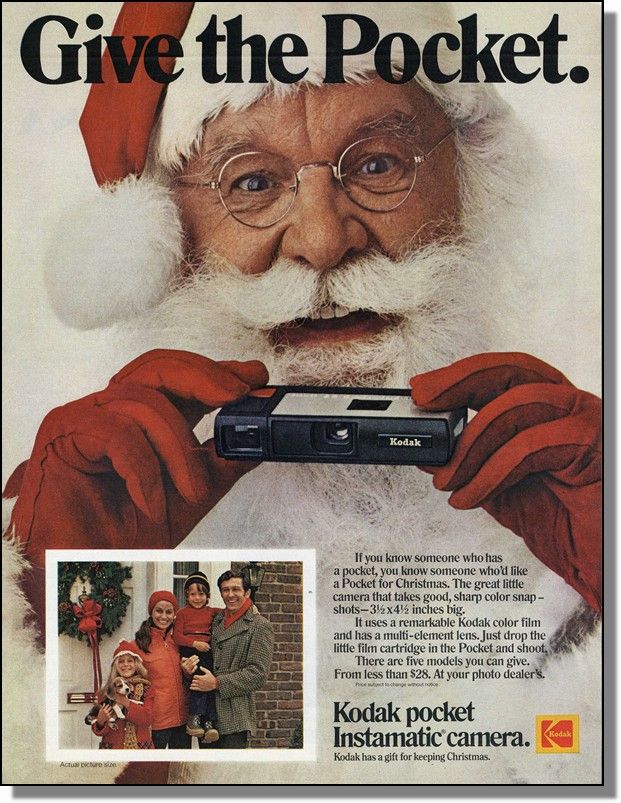 1972 Santa with Kodak Pocket Camera Christmas Ad  