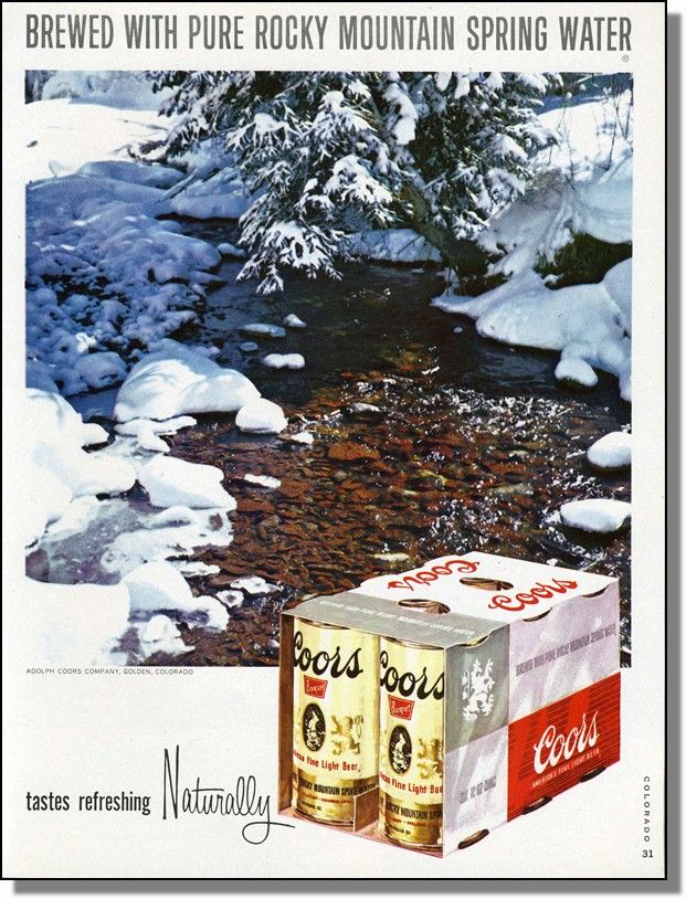 1967 Snowy Mountain Stream   Coors 6 Pack Cans Photo Ad  