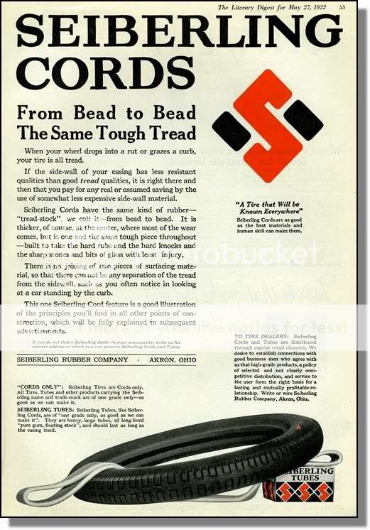 1922 Seiberling Car Tires and Tubes   Print Ad  
