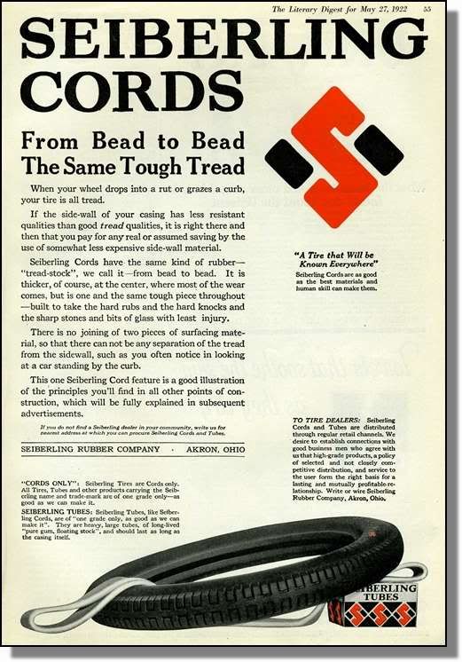 1922 Seiberling Car Tires and Tubes   Print Ad  