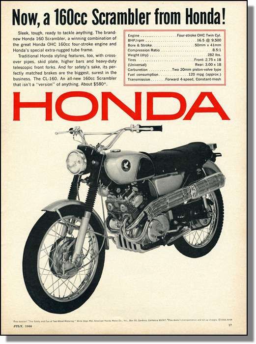 1966 Honda 160cc Scrambler motorcycle photo ad  