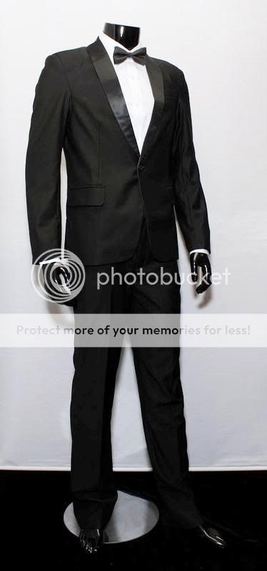 One Button Slim Skinny Fit Black with Shiny Satin Lapel Tuxedo Suit 65 